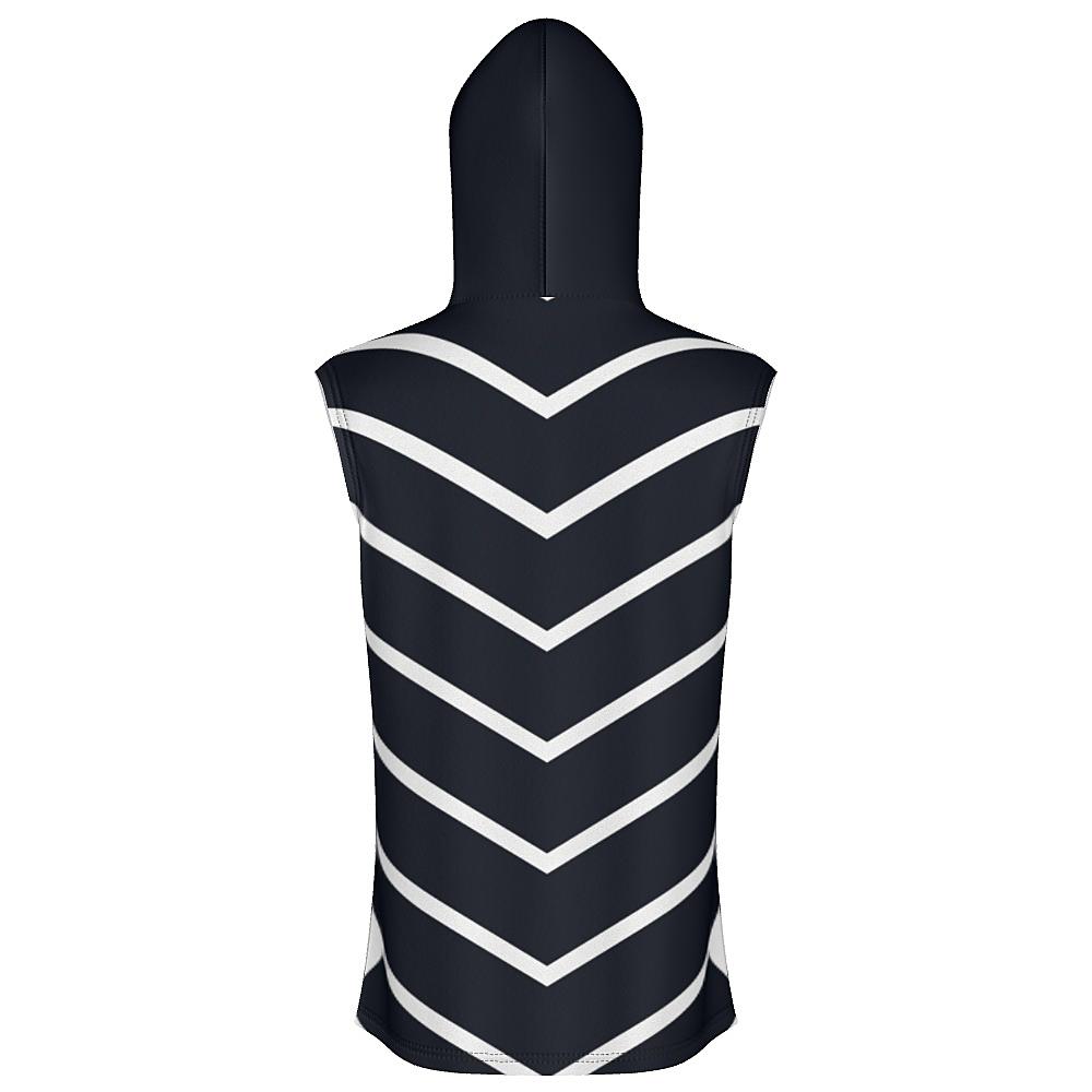 Black sleeveless hoodie with white chevrons on a white background