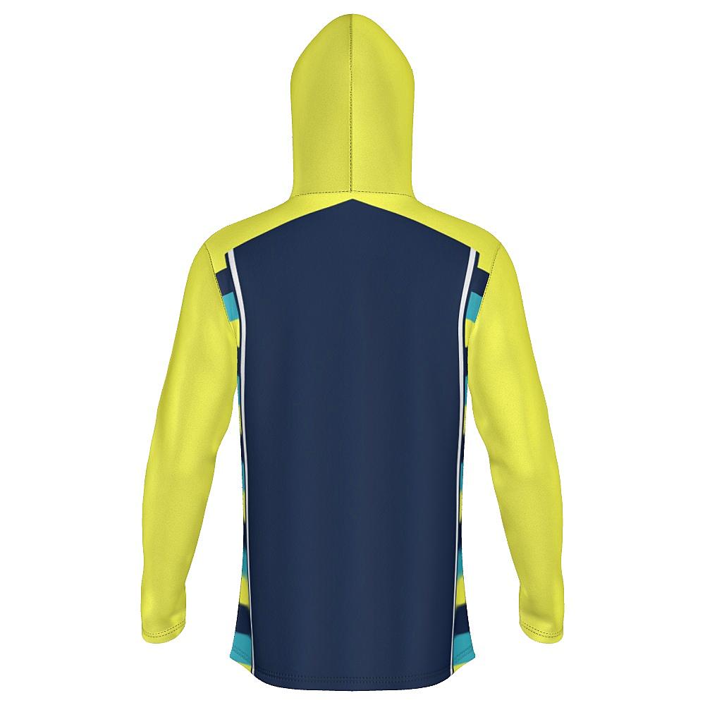 Navy hoodie with yellow sleeves and striped side panels on a white background