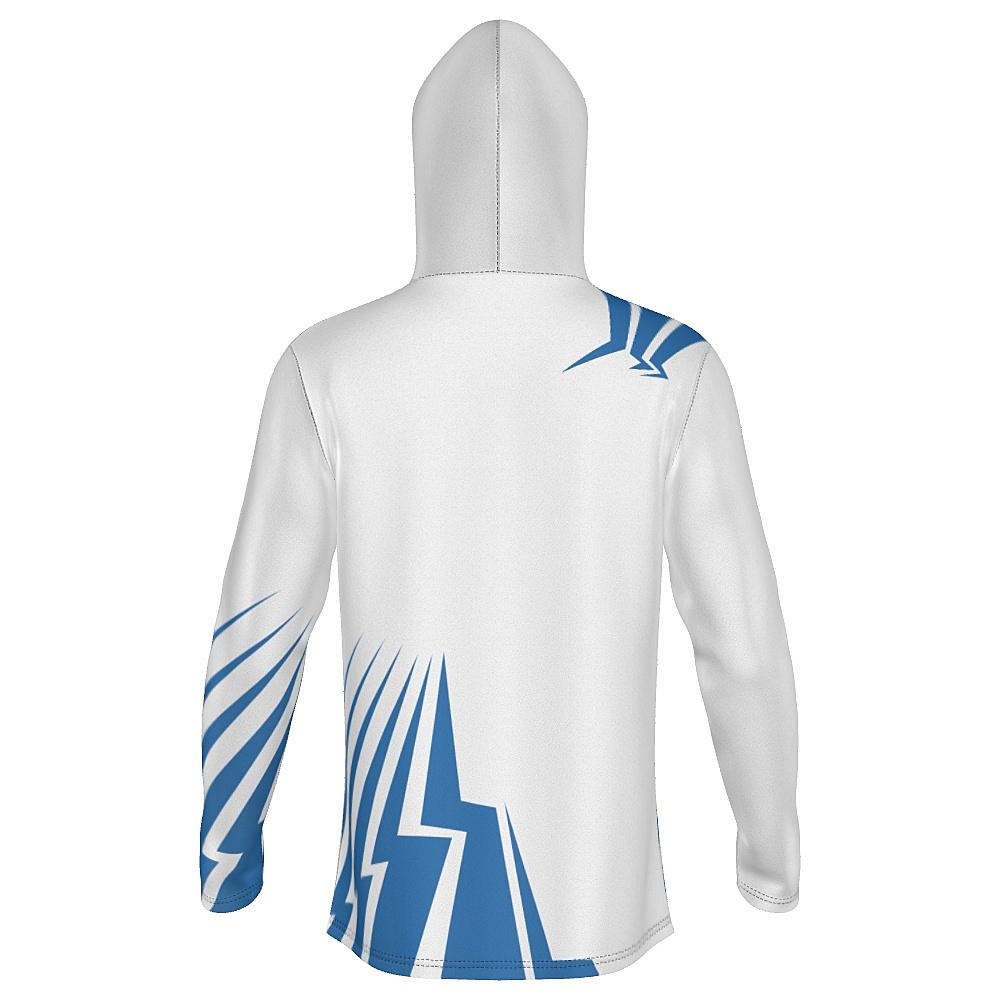 White hoodie with blue bolt-shaped accents on a white background