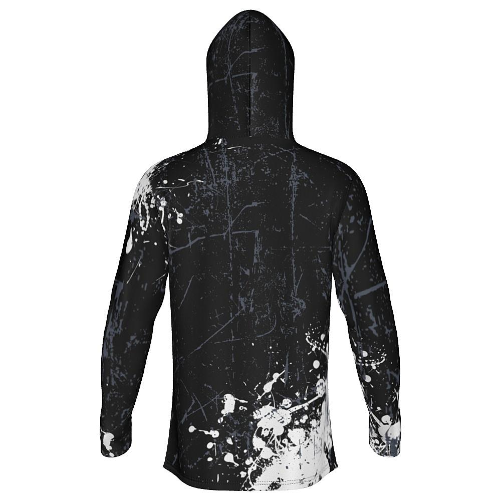 Black hoodie with white and grey distressed design on a white background