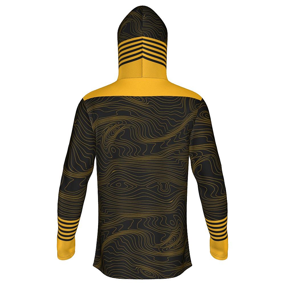 Black hoodie with yellow accents and topographic design on a white background