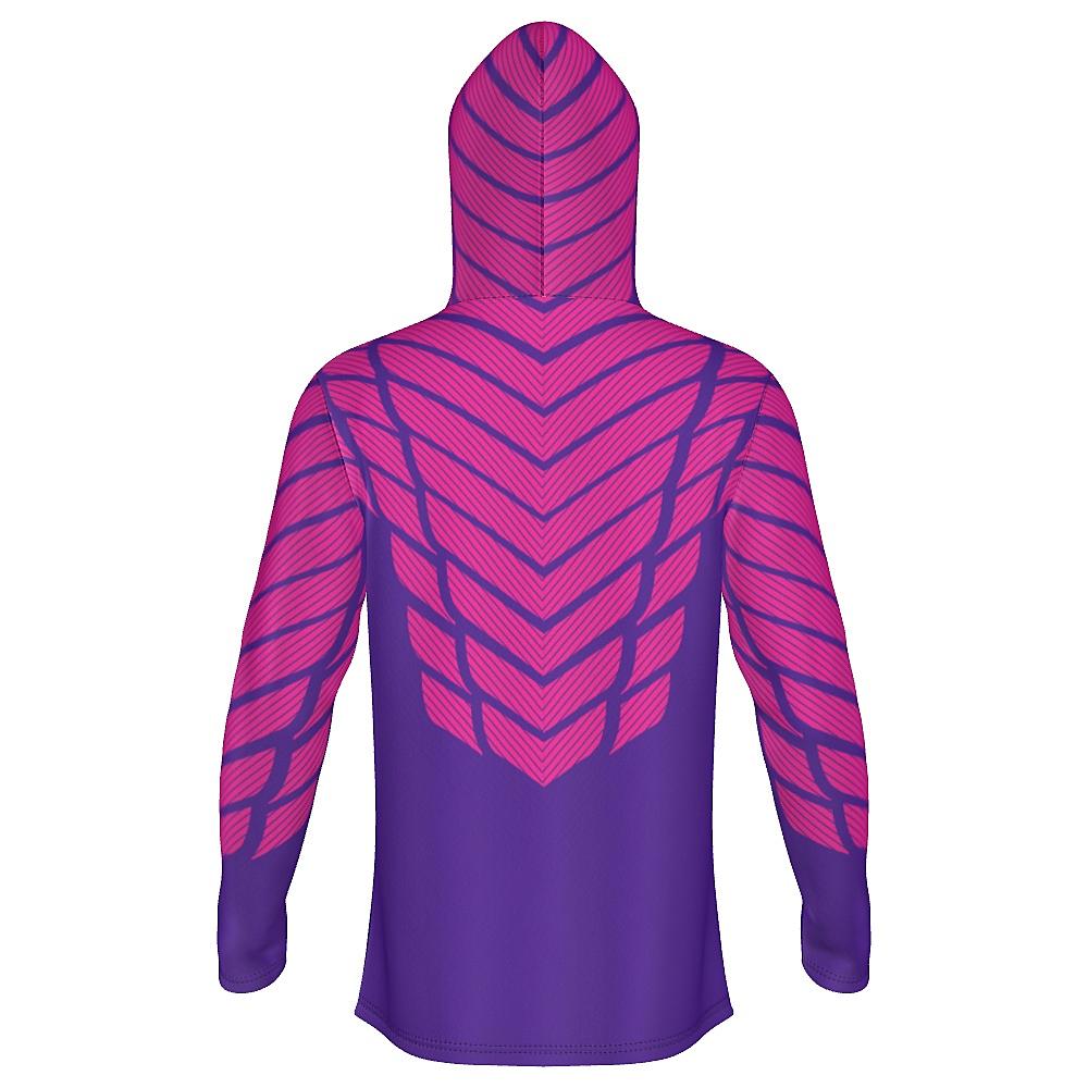 Pink and purple hoodie with striped design on a white background