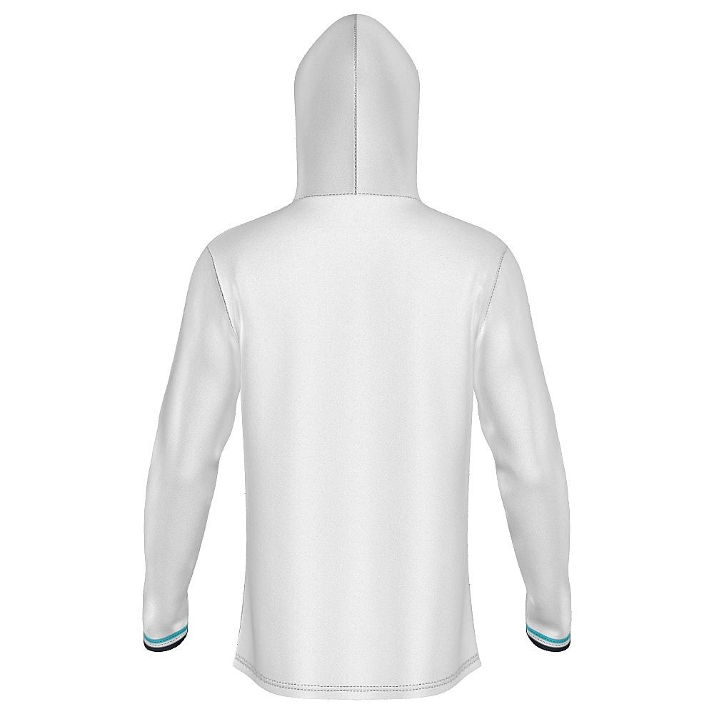 White hoodie with blue argyle design on a white background
