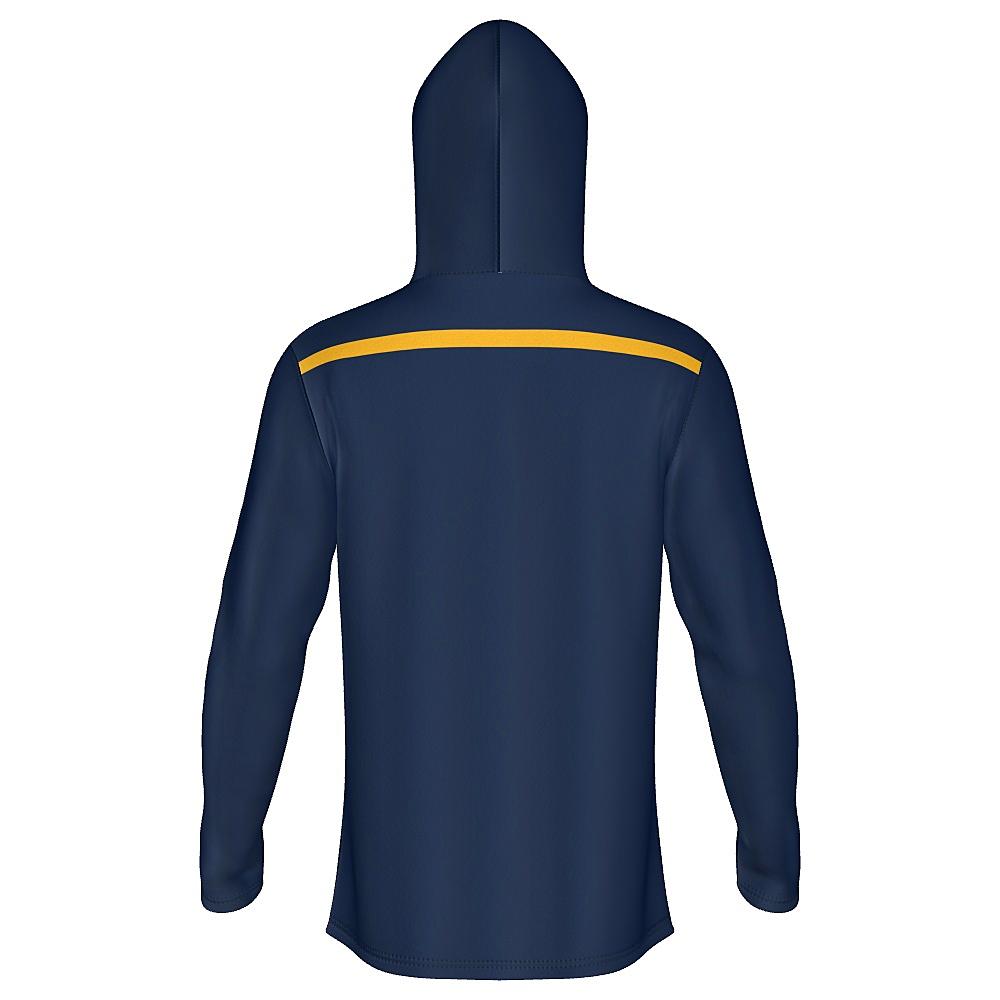 Navy hoodie with yellow stripes on a white background