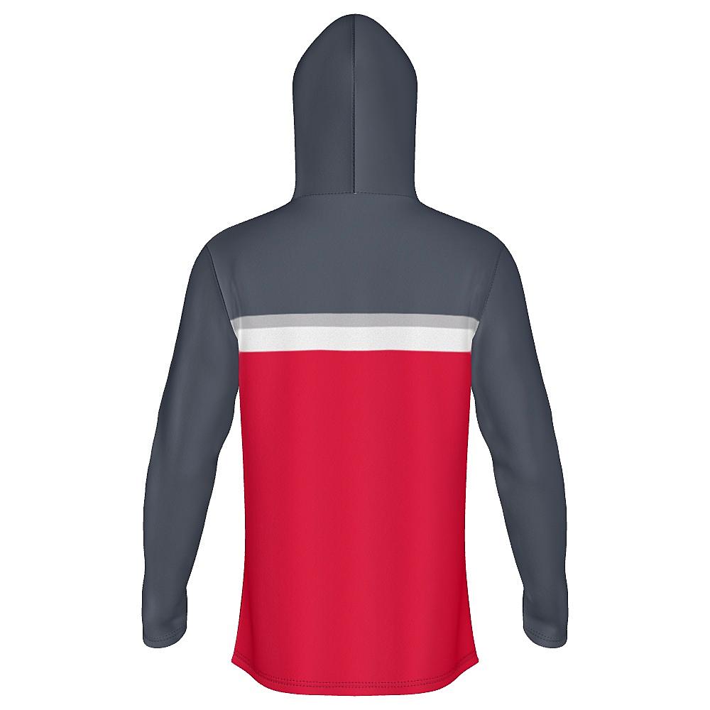 Grey hoodie with white and red accents on a white background