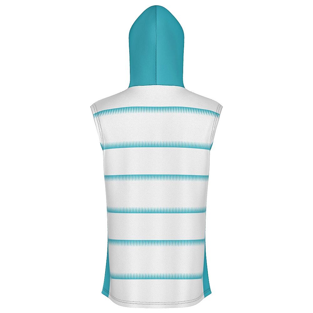 White sleeveless hoodie with teal hood and sawtooth stripes