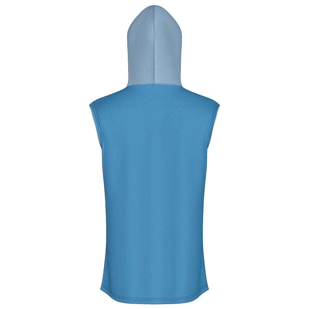 Blue sleeveless hoodie with contrasting hood and white horizontal stripe on a white background