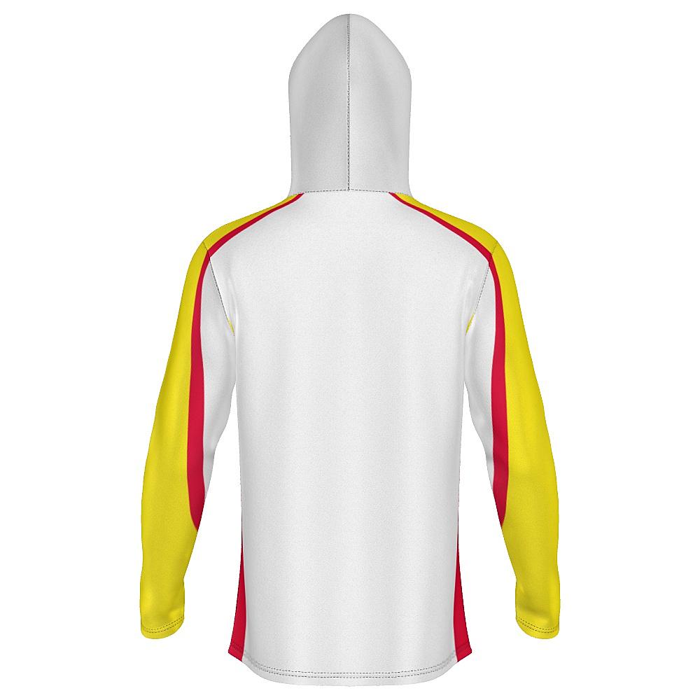White hoodie with yellow and red accents on a white background