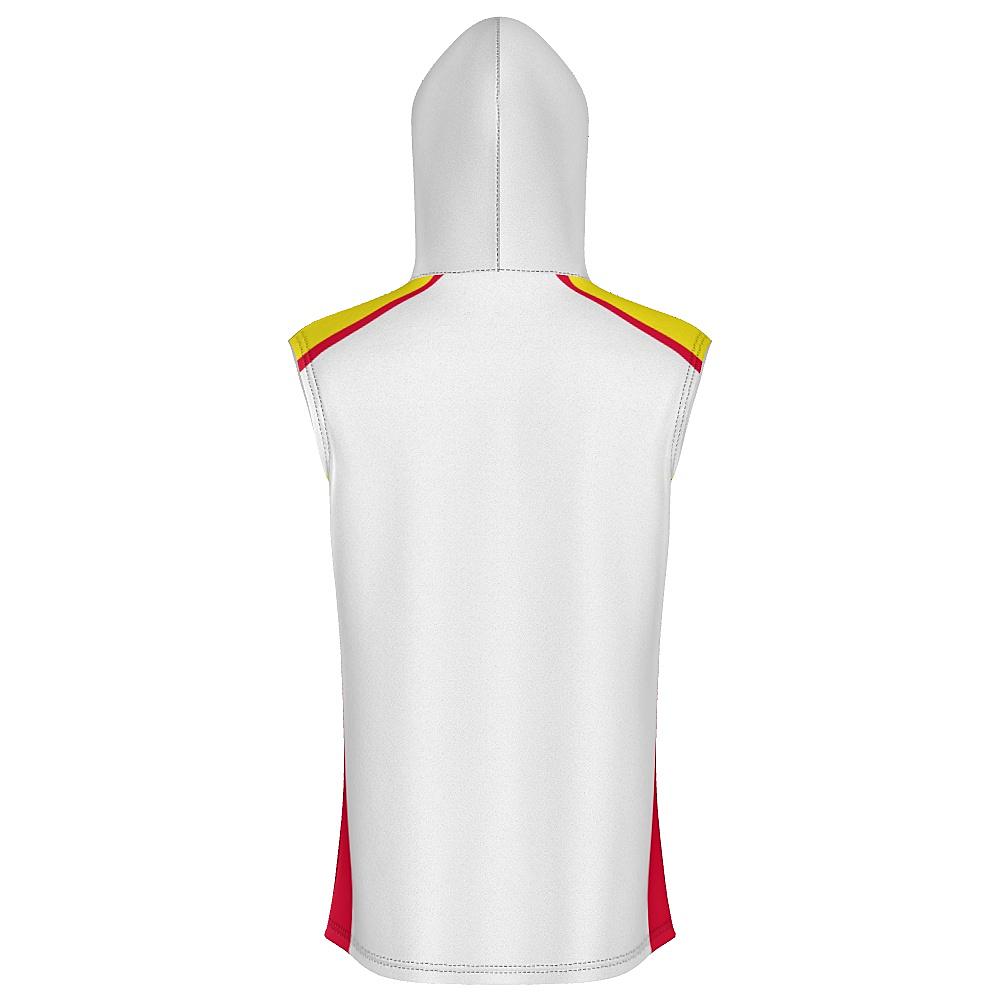 White sleeveless hoodie with yellow and red accents on a white background