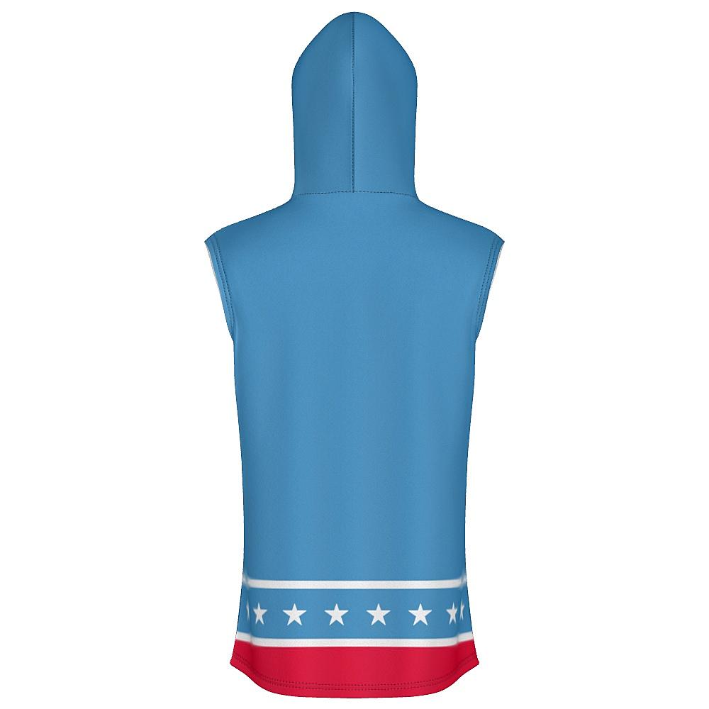 Blue sleeveless hoodie with white stars and red stripes on a white background
