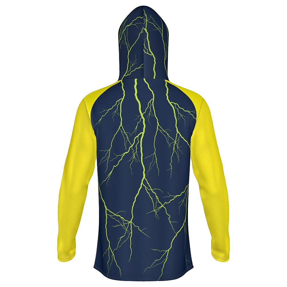 Navy hoodie with yellow sleeves and lightning design on a white background