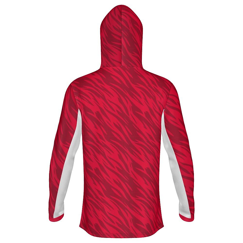 Red hoodie with wavy design and white accents on a white background