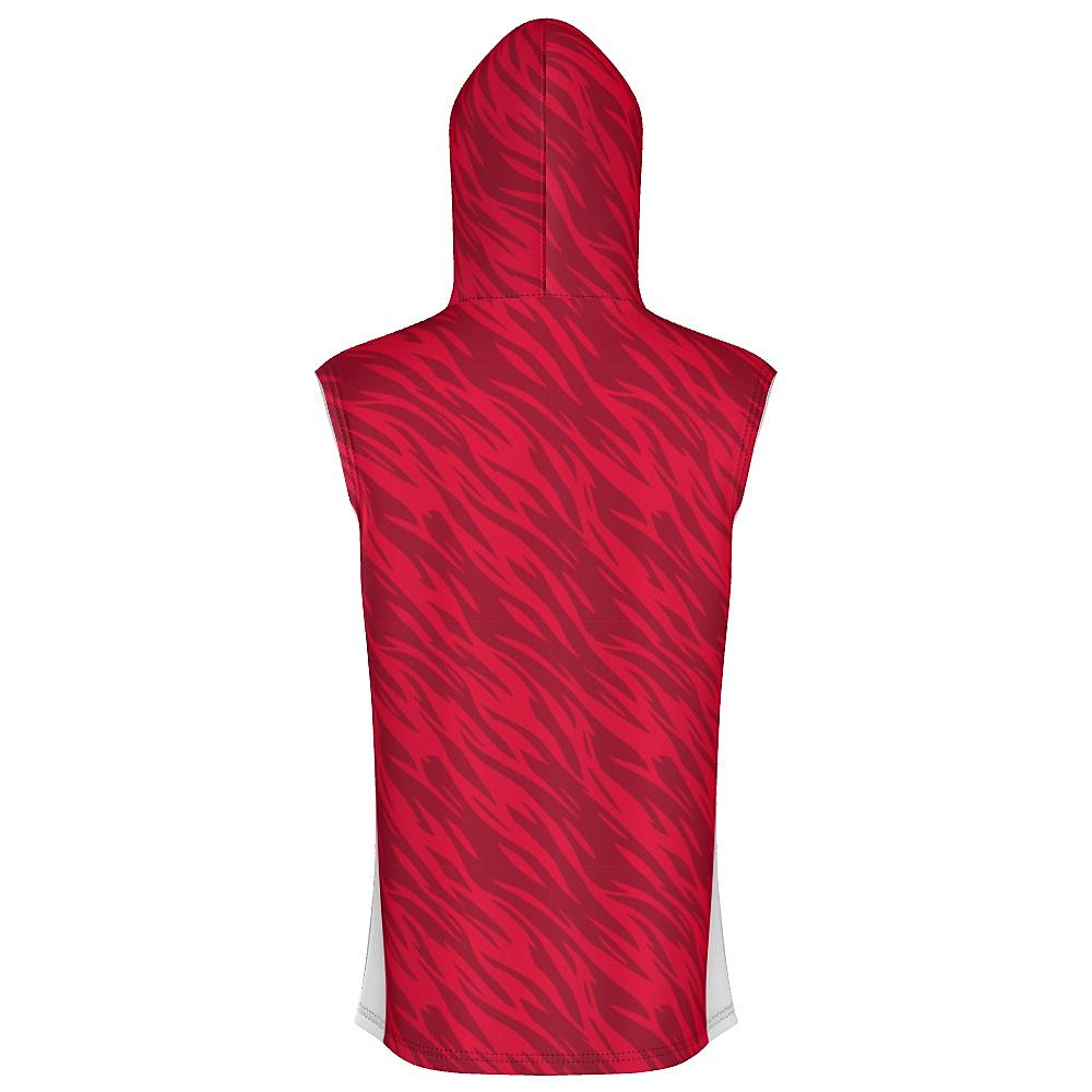 Red sleeveless hoodie with wavy design and white accents on a white background