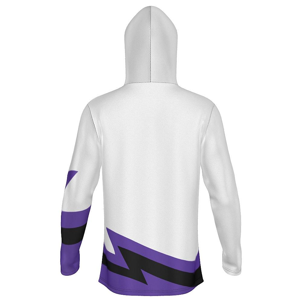 White hoodie with black and purple accents on a white background