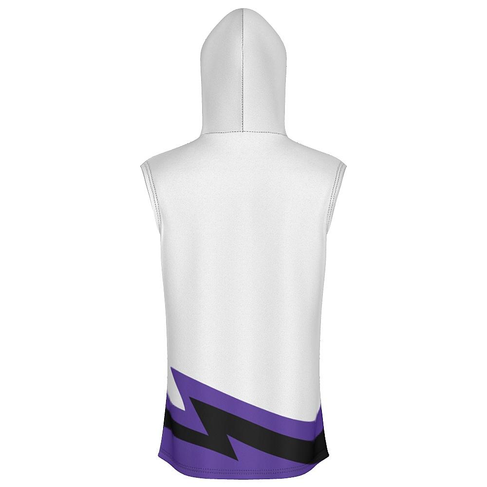 White sleeveless hoodie with black and purple accents on a white background