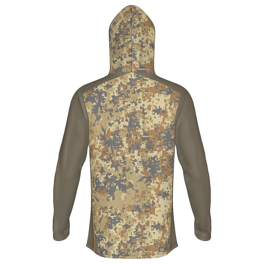 Earth-tone hoodie with digital camo design on a white background