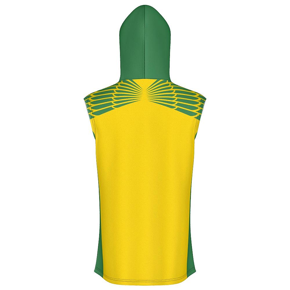 Yellow and green sleeveless hoodie with feather design on upper chest and back