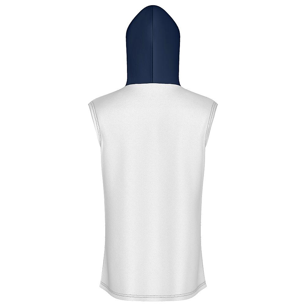 White short-sleeve hoodie with navy hood on a white background