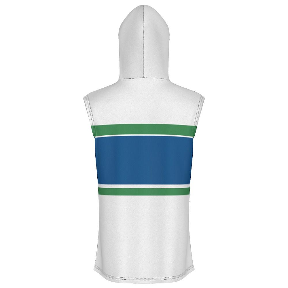 White, blue and green sleeveless hoodie on a white background