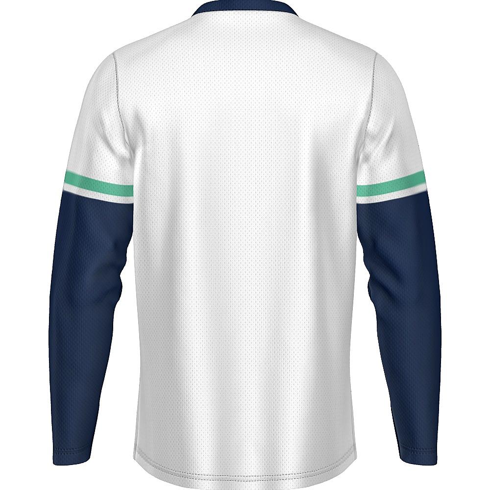 White long-sleeve shirt with navy and green accents on a white background