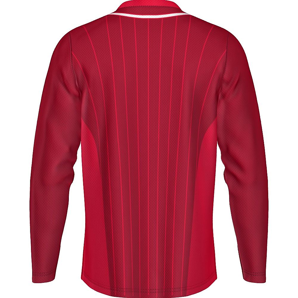 Red long-sleeve shirt with pinstripe design on a white background