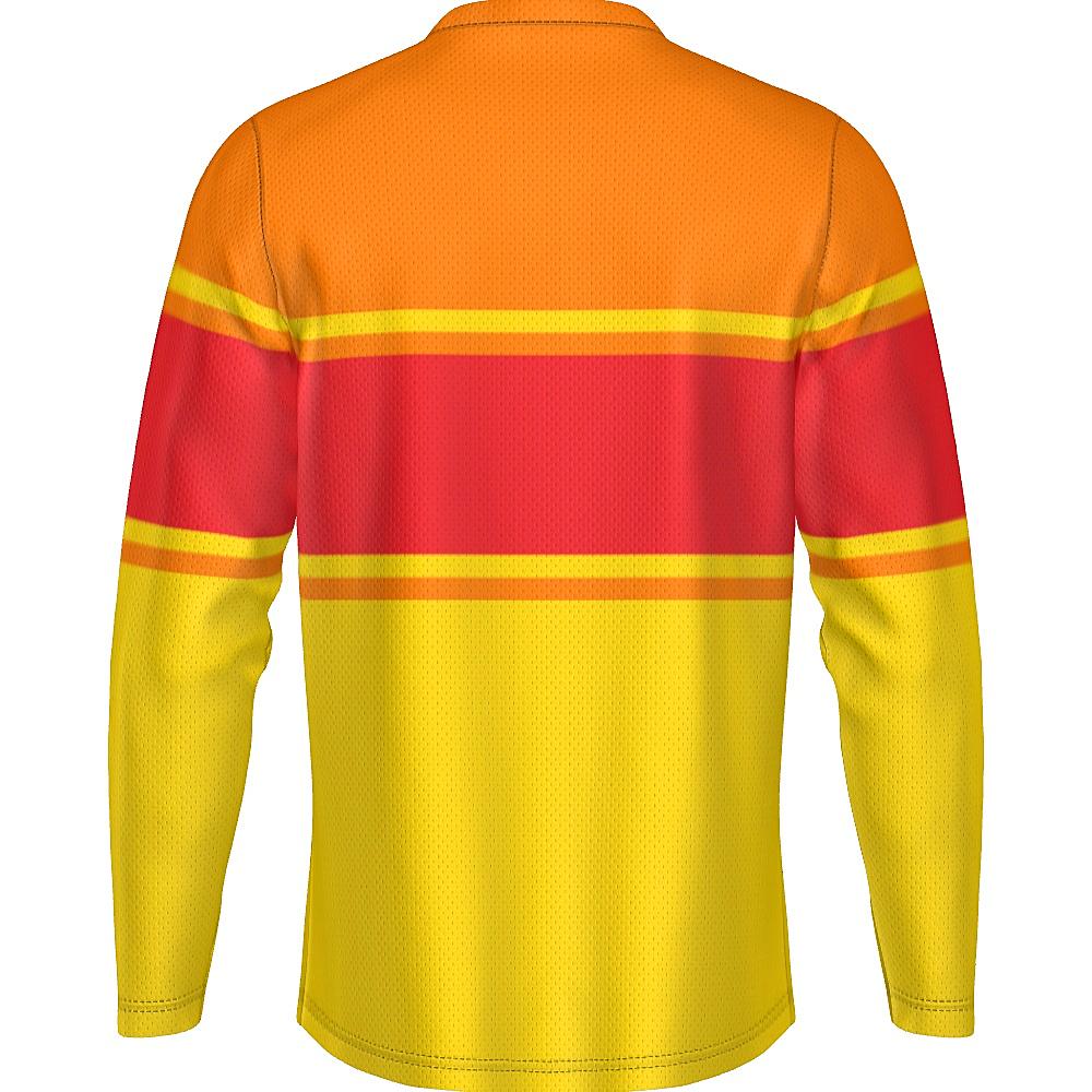 Red, orange and yellow long-sleeve shirt on a white background
