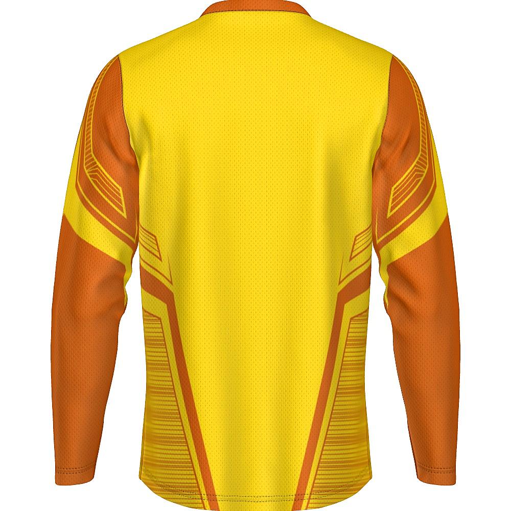 Yellow long-sleeve shirt with orange accents on a white background