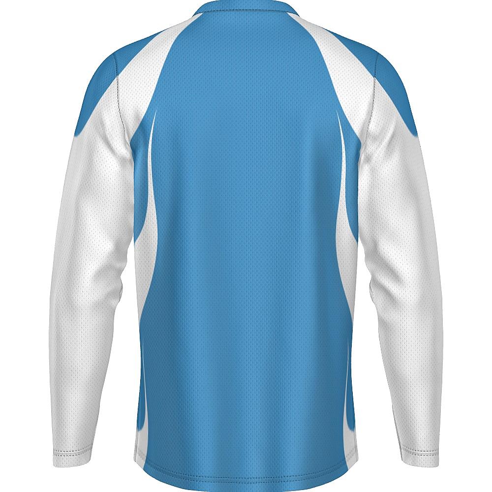Blue long-sleeve shirt with white accents on a white background
