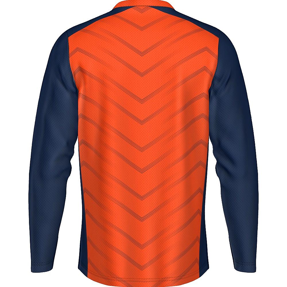 Orange long-sleeve shirt with navy accents and chevron design on a white background