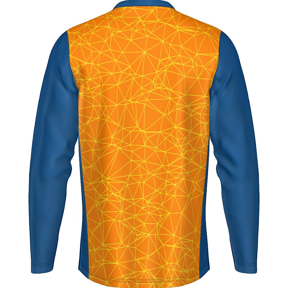 Orange long-sleeve shirt with yellow geometric design and blue accents on a white background