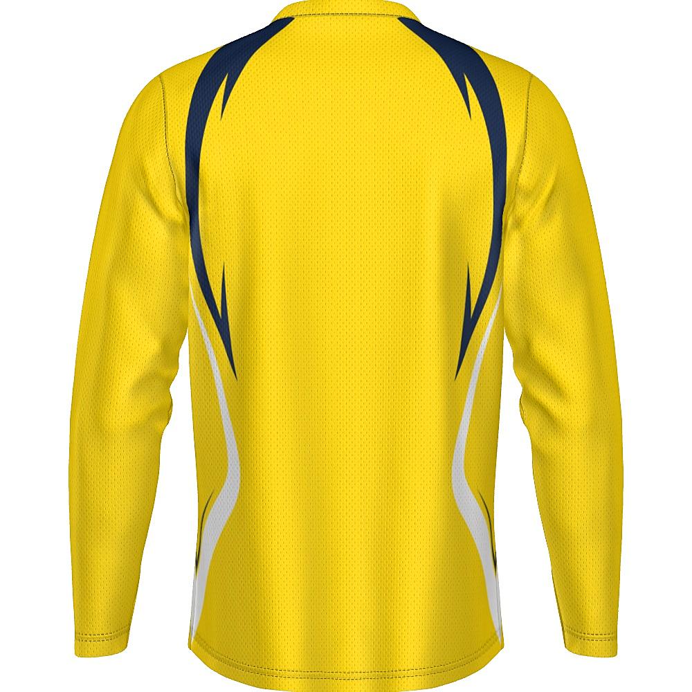 Yellow long-sleeve shirt with navy and white accents on a white background
