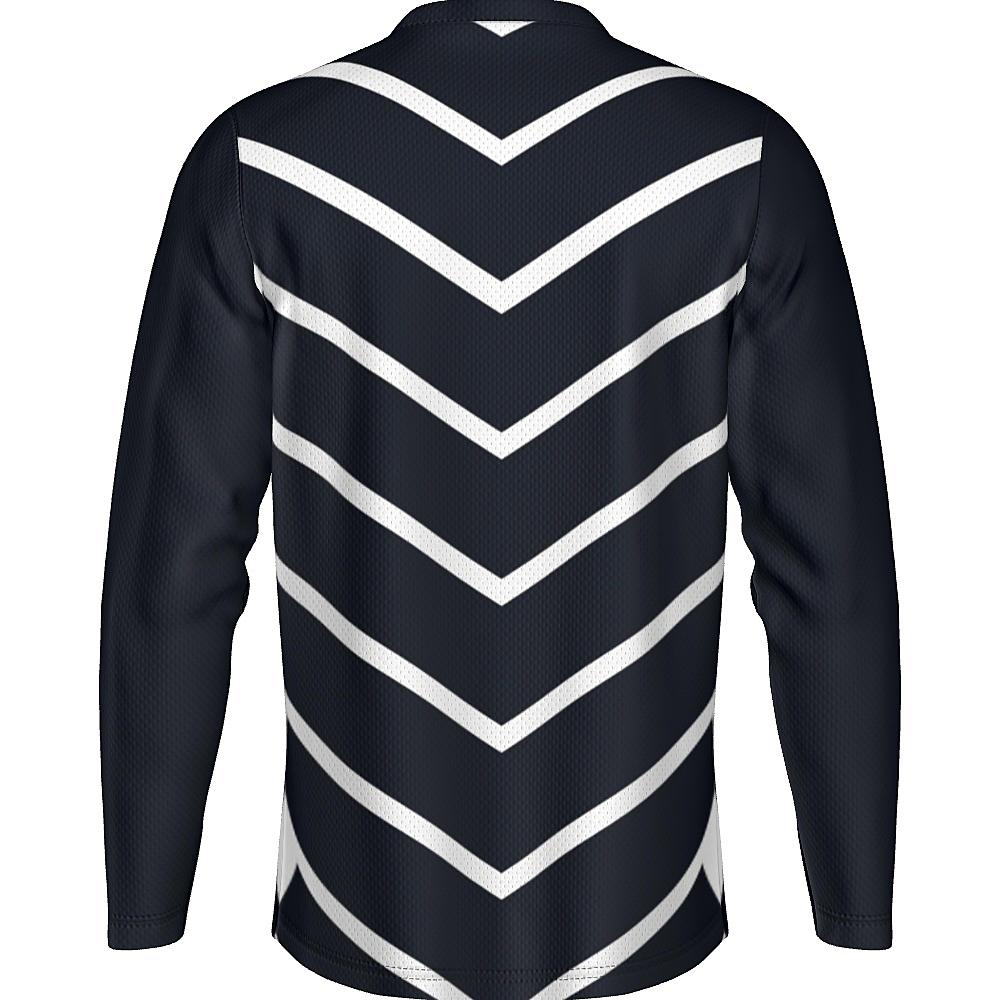 Black long-sleeve shirt with white chevrons on a white background