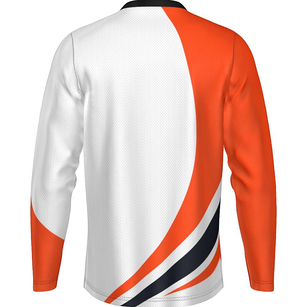 White long-sleeve shirt with black and orange curved stripes on a white background