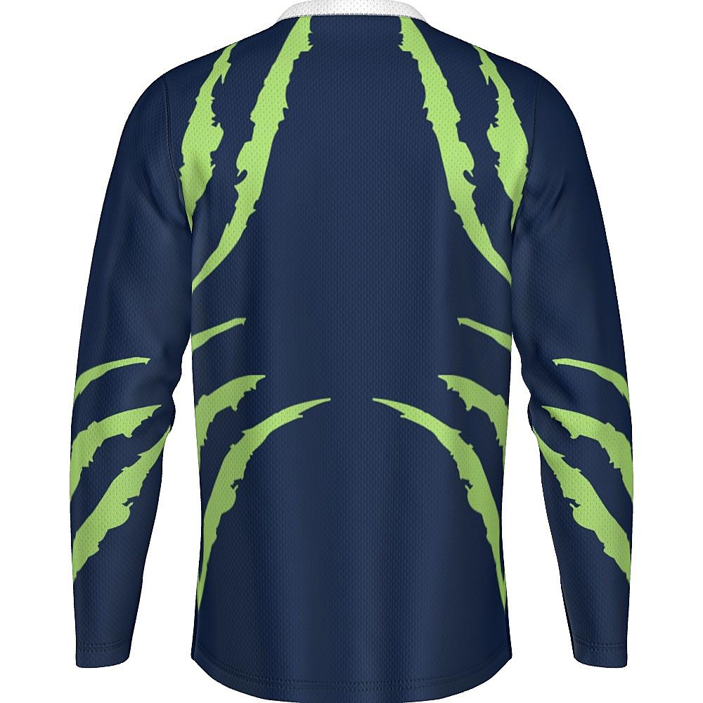 Blue long-sleeve shirt with green accents on a white background
