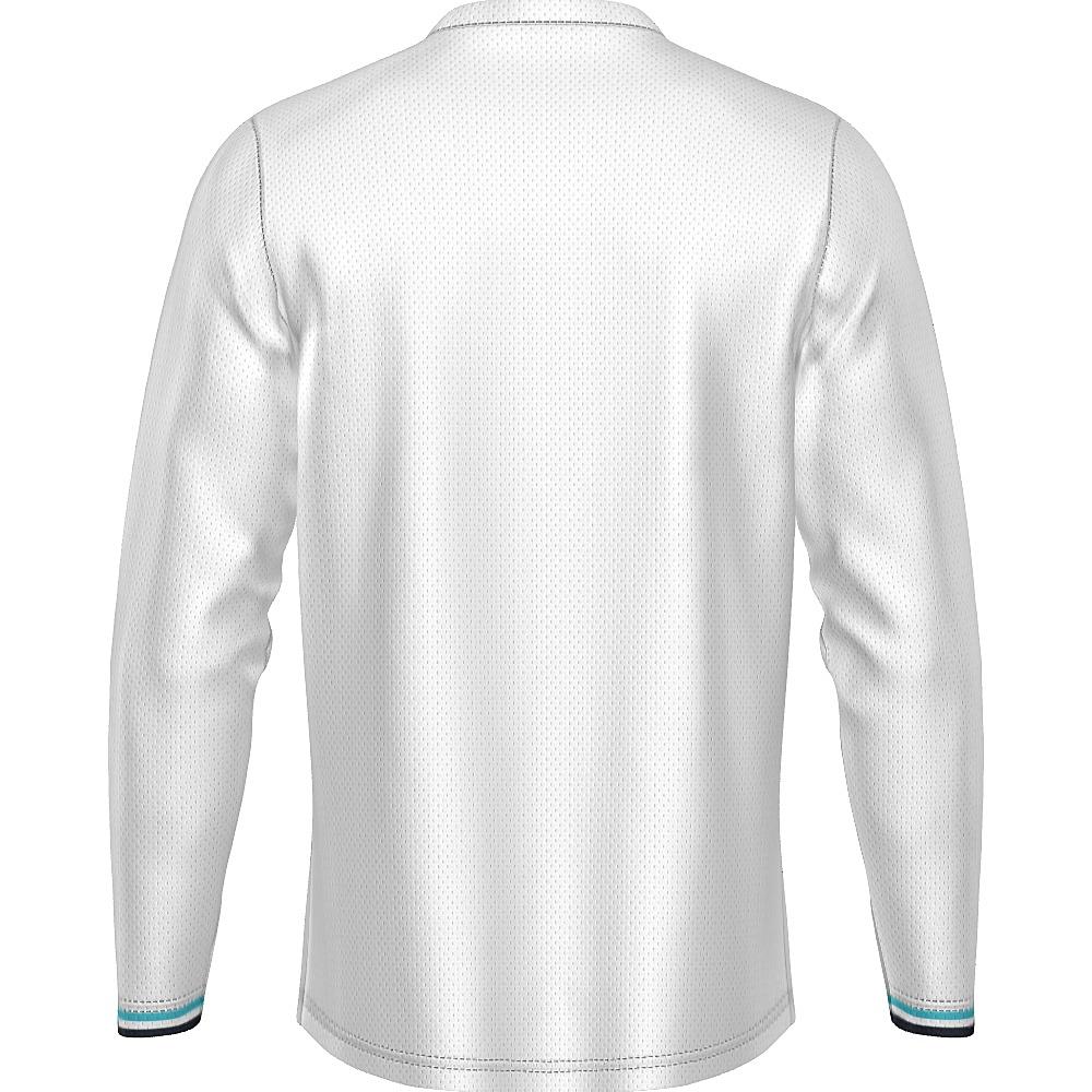 White long-sleeve shirt with blue argyle design on a white background