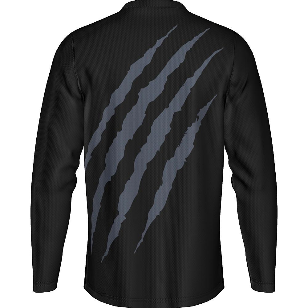 Black long-sleeve shirt with grey claw-mark design on a white background