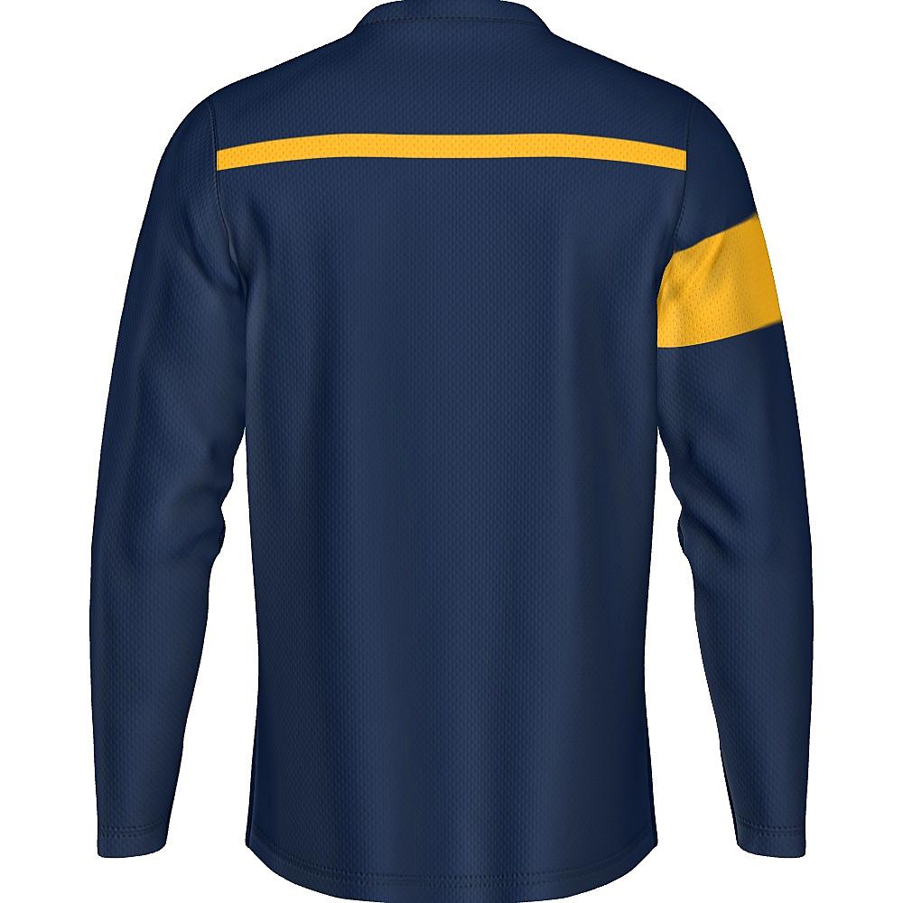 Navy long-sleeve shirt with yellow stripes on a white background