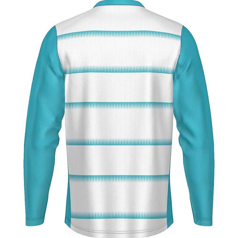 White long-sleeve shirt with teal sleeves and sawtooth stripes