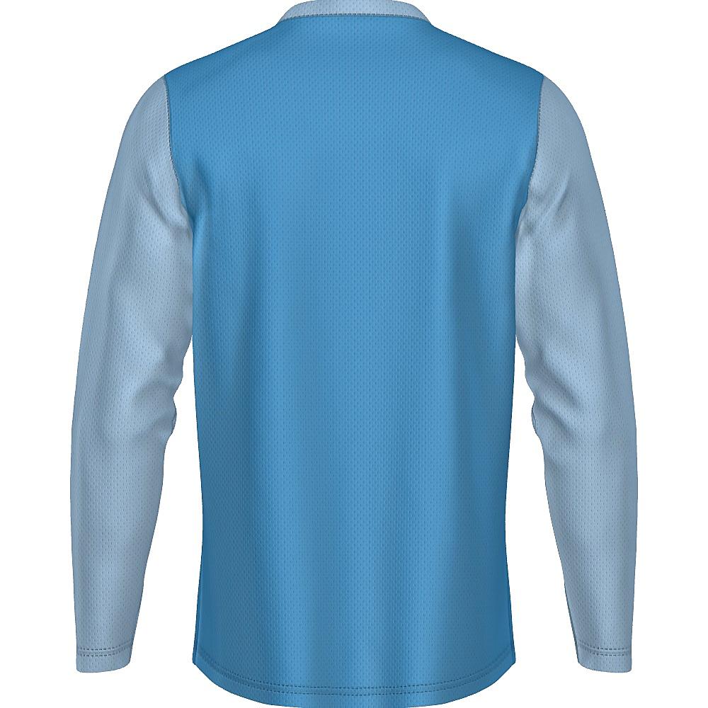 Blue long-sleeve shirt with contrasting sleeves and white horizontal stripe on a white background