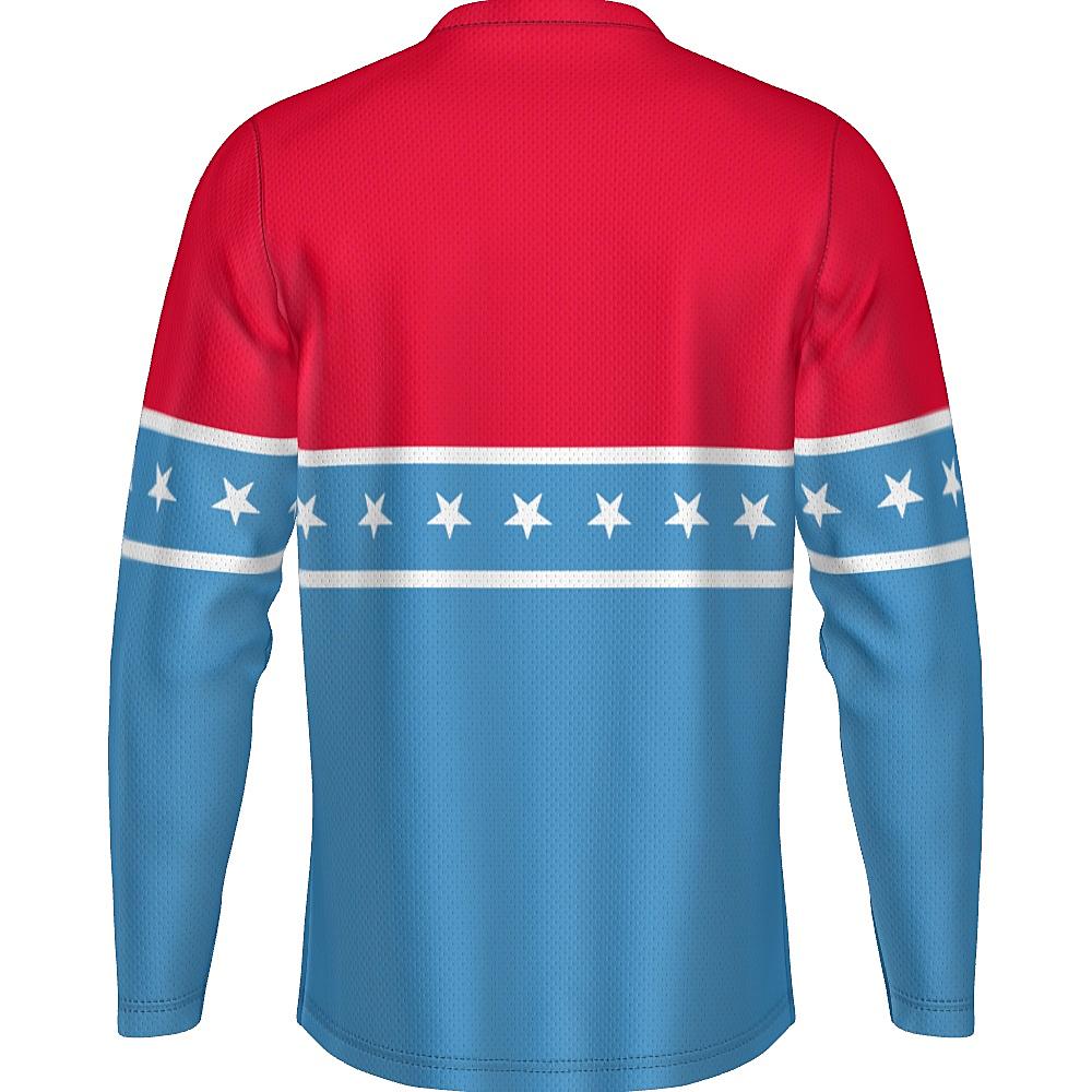 Blue and red long-sleeve shirt with white stars and stripes on a white background