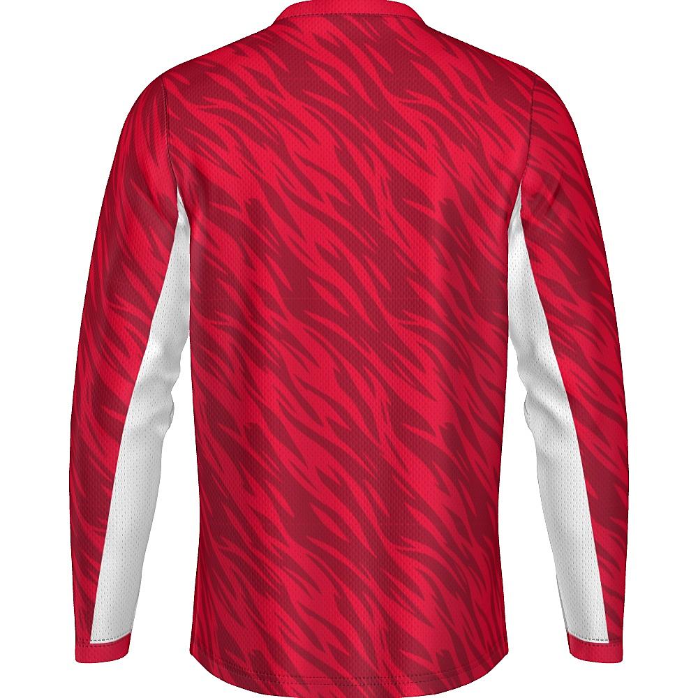 Red long-sleeve shirt with wavy design and white accents on a white background