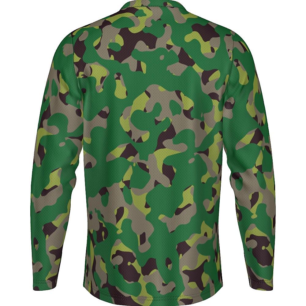 Long-sleeve shirt with green camouflage design on a white background