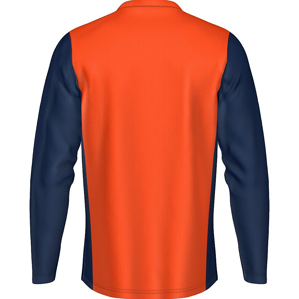 Orange long-sleeve shirt with navy sides and sleeves on a white background