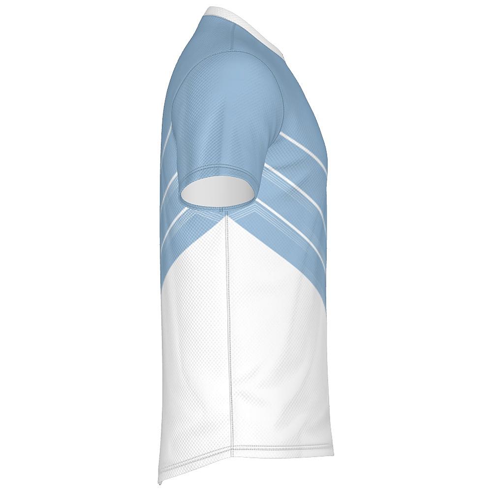 Blue and white shirt with chevron design on a white background