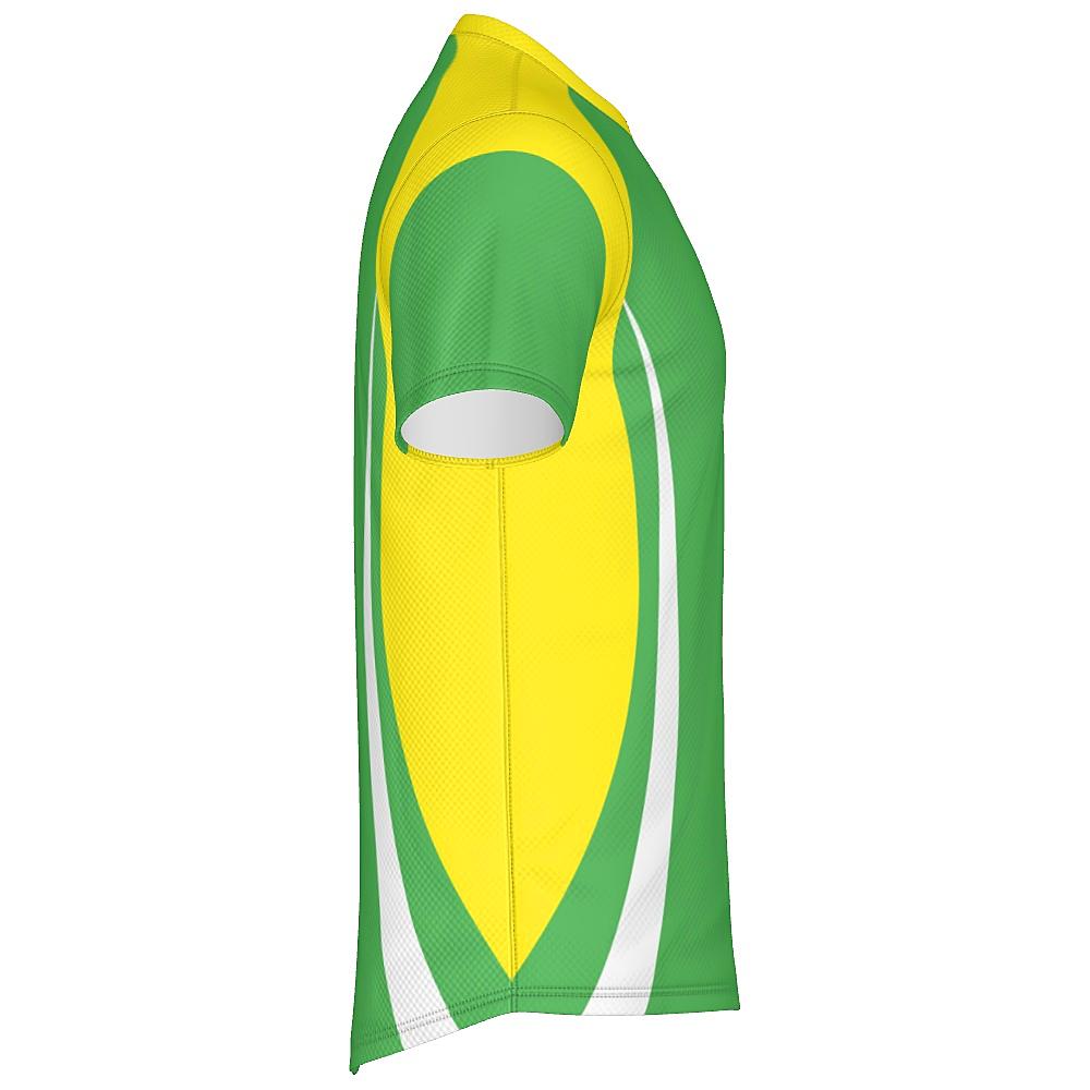 Green shirt with yellow and white accents on a white background