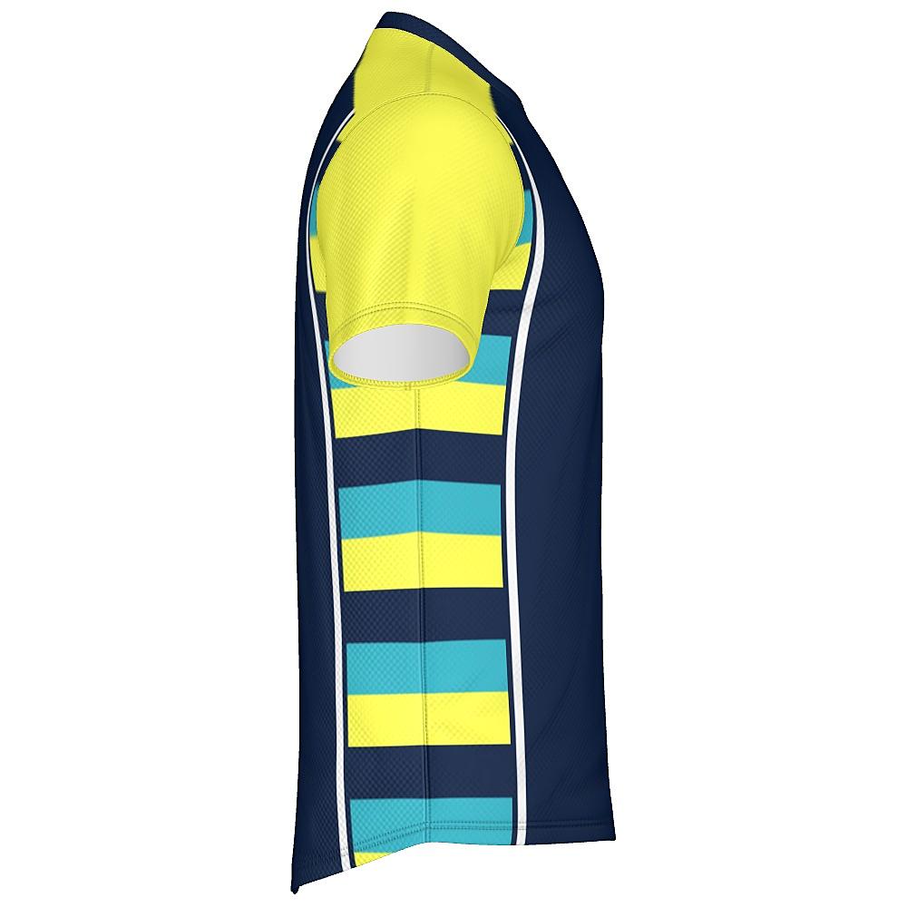 Navy shirt with yellow sleeves and striped side panels on a white background