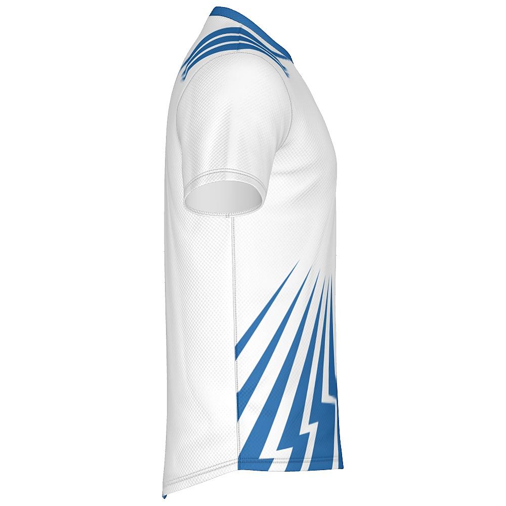 White shirt with blue bolt-shaped accents on a white background