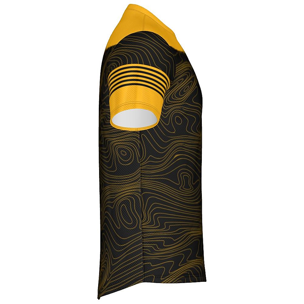 Black shirt with yellow accents and topographic design on a white background