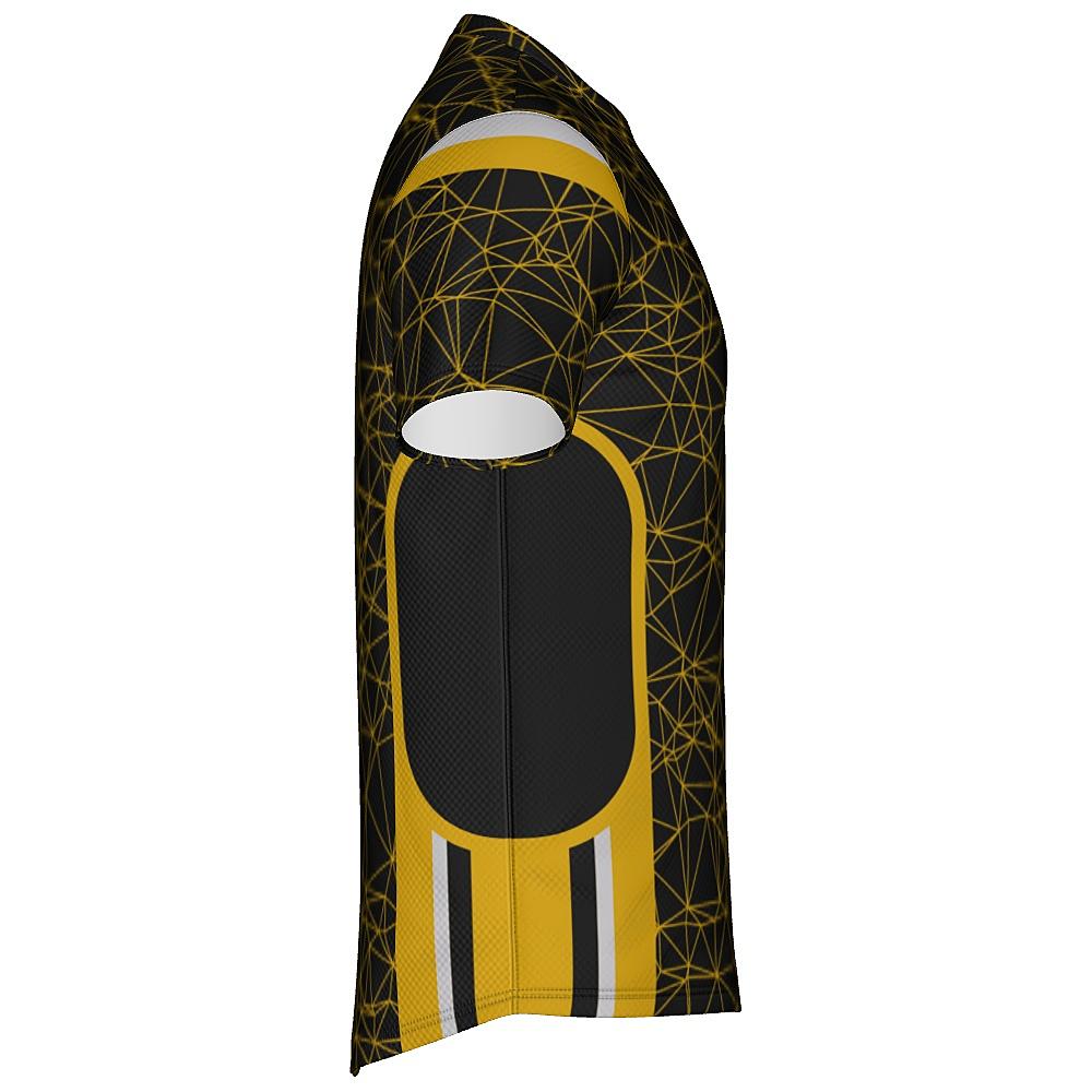 Black shirt with yellow geometric design on a white background
