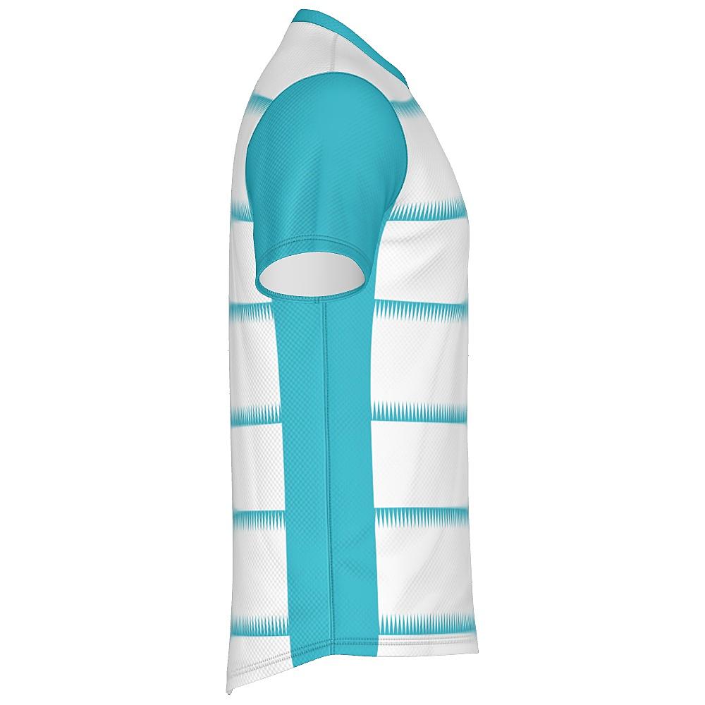 White shirt with teal sleeves and sawtooth stripes